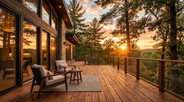 Wooden deck outside a modern house at sunset, warm sunlight streaming through tall trees onto the patio and glass windows, peaceful residential nature scene, orange glow, rich timber texture, serene