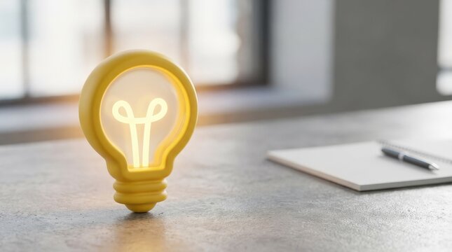A yellow light bulb icon in a minimal scene, bright idea symbolism with clean rounded form and optimistic business energy, ultra-realistic, no logos.