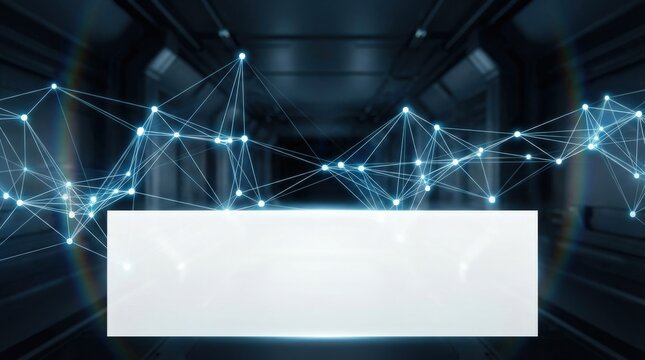 Futuristic data plexus background with geometric wireframe nodes and lines, wide white copy space and elegant technological depth, clean modern innovation mood, photorealistic,no logos