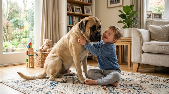 Cute small boy with Down syndrome playing with a large gentle mastiff-type dog at home, affectionate interaction, bright interior and a calm feeling of trust, therapy and companionship, photorealistic