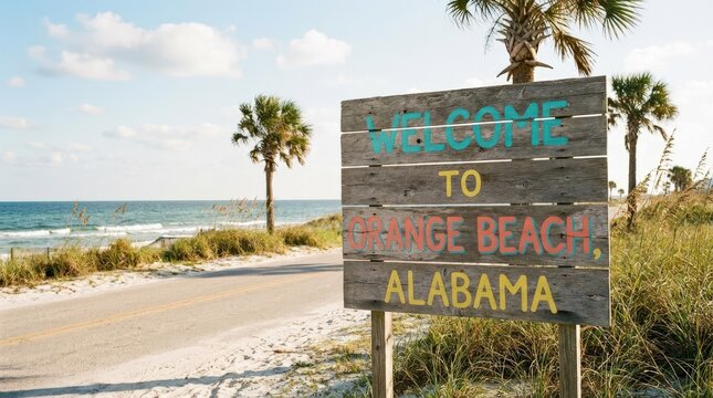 A welcoming roadside sign for Orange Beach, Alabama with the ocean in the background, sunny coastal setting, breezy vacation atmosphere and bright seaside colors, ultra-realistic, no logos.