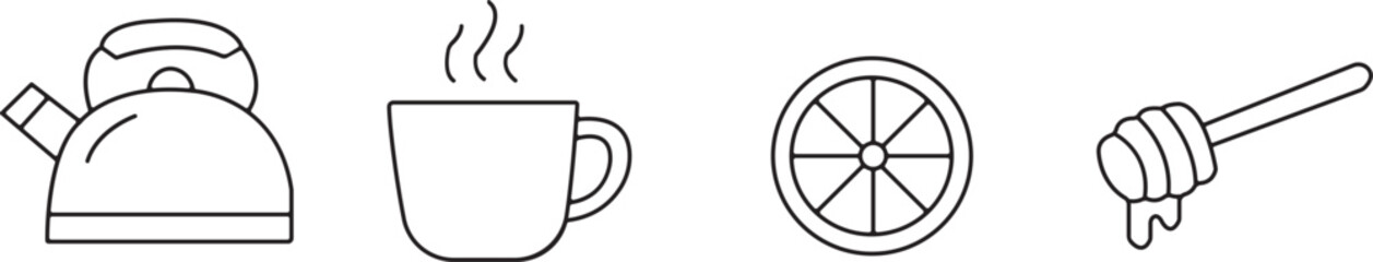 Obraz premium Simple line drawing of kettle cup wheel and hand with utensil