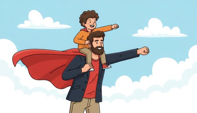 Superhero father and son illustration, bearded dad carrying child on shoulders with red cape, happy family bonding concept against blue sky