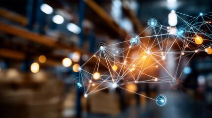 Naklejka premium Close up of a digital logistics and supply chain network icon overlay floating above a blurred warehouse background the icons showing connected nodes for transportation
