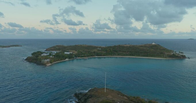 Flying Towards Little St. James, Private Island In The U.S. Virgin Islands. Aerial Shot