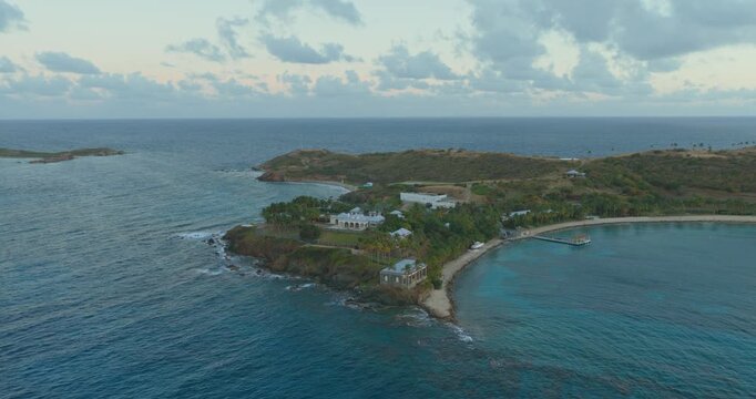 Main Residence And Guest Villas At Epstein Island In The U.S. Virgin Islands. Aerial Drone Shot