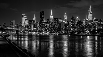 Fototapeta premium Midtown Manhattan skyline, expansive urban skyline after dark, dense layers of high-rises and glass towers, river-edge reflections and crisp architectural geometry, featuring manhattan, skyline,