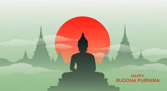 Happy Buddha Purnima Festival Celebration with Stupas and Sunrise View