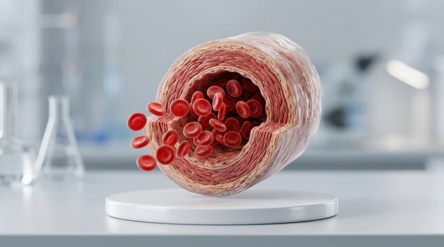 A blood vessel icon with red blood cells shown in photorealistic 3D medical style, clean clinical background, rich biological detail, soft healthcare lighting, elegant scientific presentation,