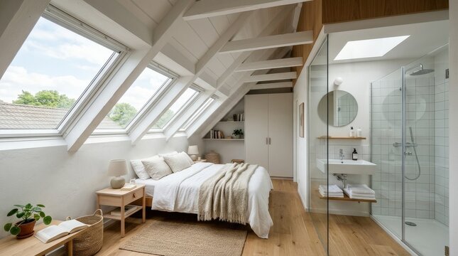 Airy attic bedroom with white walls, roof window panels, and a compact bathroom area, bright daylight, clean modern lines, cozy small-space design, photorealistic interior photography, ultra-detailed,