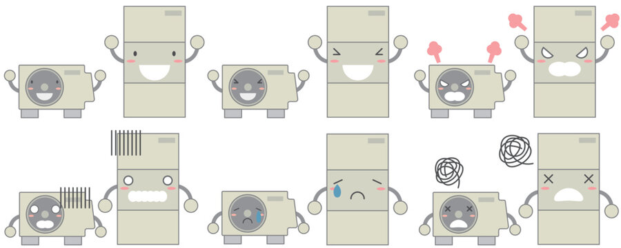給湯器の喜怒哀楽の表情の擬人化キャラクターのイラストセット