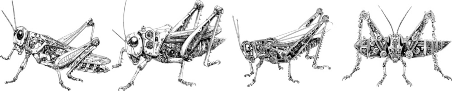 A detailed mechanical grasshopper with spring legs and gear joints stands against a solid white background in a monochrome coloring book style