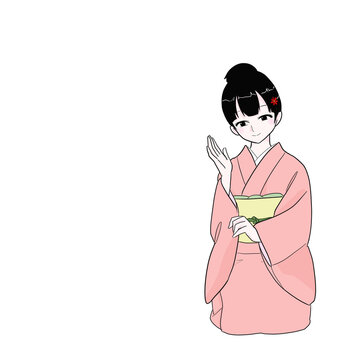 Kimono woman guiding with open palm polite illustration 