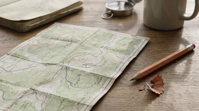 A folded map beside a sharpened pencil on a clean desk, textured paper, subtle shadows, quiet travel-planning atmosphere, ultra-realistic, no logos.