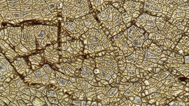 Aerial view of dry cracked ground with intricate mineral patterns and earthy textures in Minas de Riotinto, Andalusia, Spain.