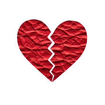 Extreme macro close-up of a single, crumpled, blood-red paper heart, torn across the center on a transparent background with dramatic shadows, concept of irreparable damage and distress