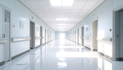 Fototapeta premium Long, empty hospital hallway with symmetrical doors and bright lighting leading to a distant, glowing opening