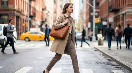 Obraz premium A young woman with a handbag walking quickly down the street, purposeful stride, urban lifestyle and punctuality concept, clean daylight scene, photorealistic editorial lifestyle photography, natural