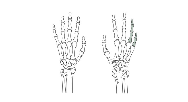 A comparative anatomical illustration displays two human hands with specific finger bones highlighted in a muted green color for medical or educational study.