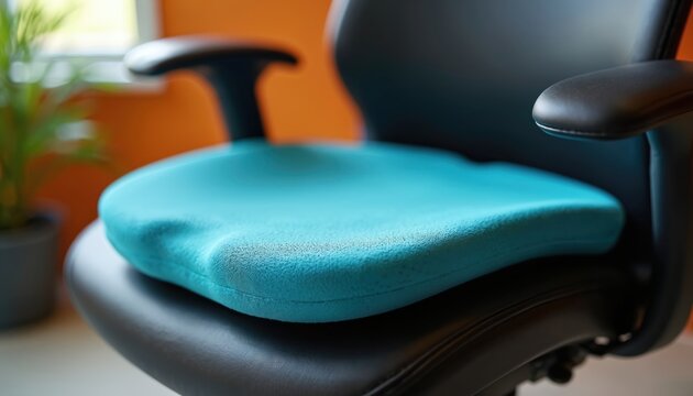 Blue ergonomic cushion on office chair for comfort. Helps with back pain relief and posture support at desk. Memory foam pad promotes rest and productivity. Useful for home or work.