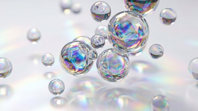 A collection of holographic liquid bubbles floating on white, iridescent reflections, abstract fluid elegance, ultra-realistic, no logos.