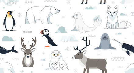 Arctic animals in a line drawing. © Benu