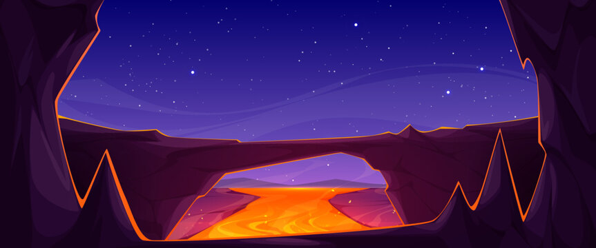 Fiery hell cave landscape with flowing lava river and volcanic rocks, cartoon vector background. Game scene with starry sky under molten magma, dark stone walls, adventure level