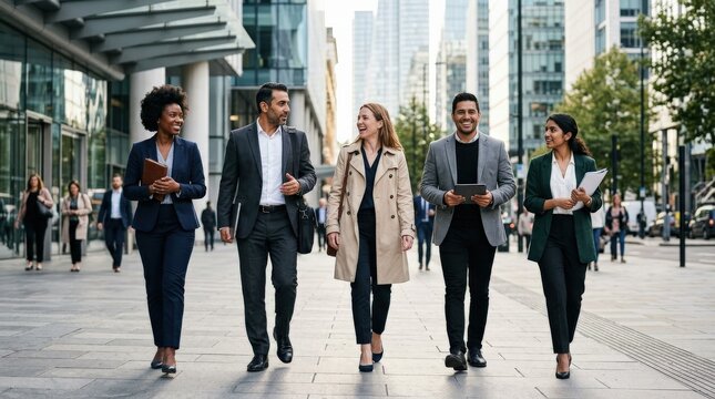 A determined business team walking forward together, purposeful stride, leadership and collaboration concept, diverse professionals in a modern urban setting, photorealistic editorial lifestyle