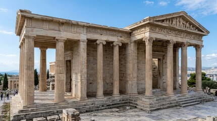 Fototapeta premium A set of Greek and Roman temple columns and marble architecture, Doric Ionic and Corinthian forms in a grand classical stone composition, ultra-realistic, no logos.