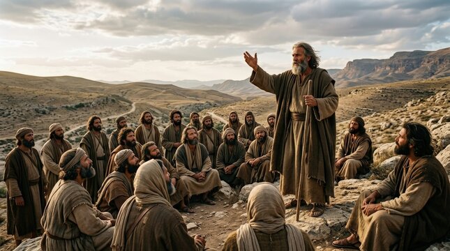A prophet preaching to a group of men in a biblical landscape, open sky, windswept hills and attentive followers gathered outdoors, solemn spiritual authority and ancient realism, ultra-realistic, no