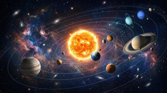 Stylized solar system with the glowing sun and orbiting planets suspended in a dark cosmic background, celestial motion and space-discovery concept, photorealistic astronomical visualization, luminous