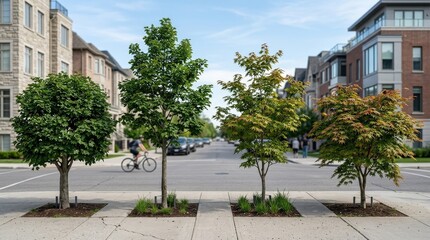 Obraz premium Two field maples and two painted maples with varied crown shapes and leaf textures, frontal isolated street-tree collection in clean daylight, ultra-realistic, no logos.