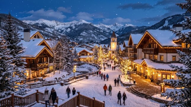 A winter evening over Vail Village, snow-covered rooftops and glowing alpine lights, crisp mountain air, cozy lodge ambiance, blue-hour sky, magical seasonal atmosphere, ultra-realistic, no logos.