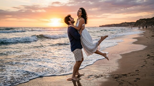 Man lifting woman playfully on beach at sunset, warm light and ocean waves, joyful romantic moment, cinematic composition, shot on Nikon Z7 II,no logos