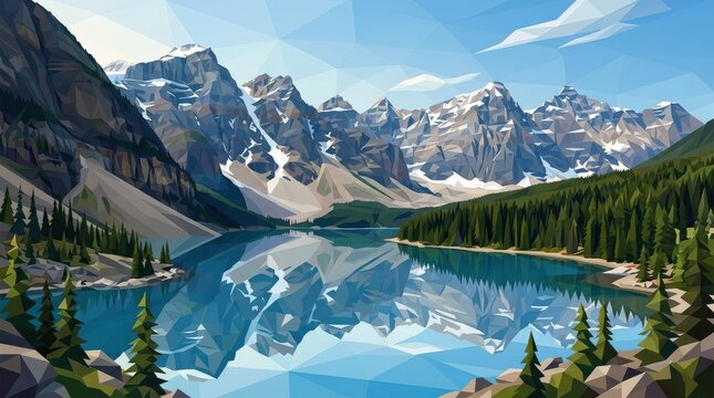 A mountain and lake landscape in a faceted low-polygon style, crisp peaks, mirrored water, clean geometric atmosphere, ultra-realistic, no logos.