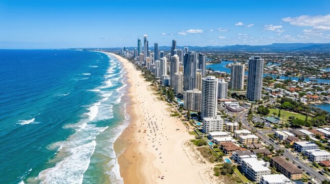 Aerial shot of Mermaid Beach and Broadbeach on the Gold Coast, urban shoreline with high-rises, sweeping beach and blue ocean under clear Australian skies, ultra-realistic, no logos.
