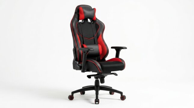 A black and red ergonomic gaming chair with armrests and headrest on a white background, sporty contours, breathable surfaces and bold modern energy, ultra-realistic, no logos.
