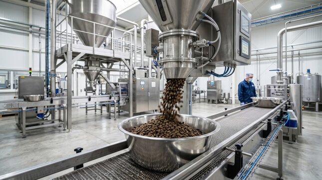 Automated machinery dispensing dry pet kibble into a large stainless steel bowl, clean industrial food production line with modern technology and efficient workflow, shiny equipment, hygienic factory