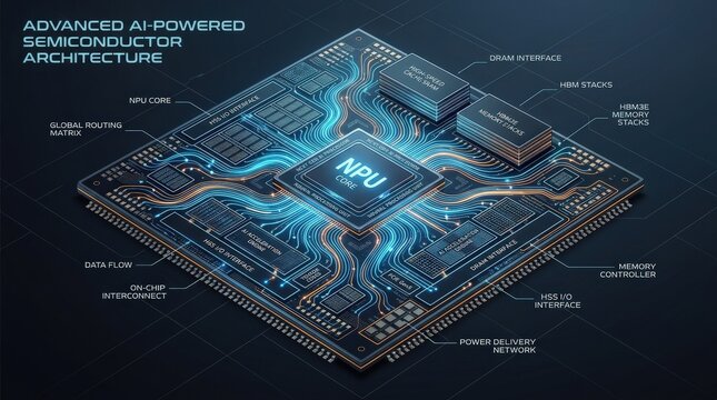 An AI-powered chip architecture showcasing semiconductor technology with luminous circuit connections, futuristic microchip layout with flowing pathways from the processor core on a clean background,