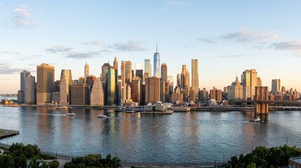 Obraz premium New York City Manhattan panorama, city skyline in fresh morning light, dense layers of high-rises and glass towers, river-edge reflections and crisp architectural geometry, featuring manhattan,