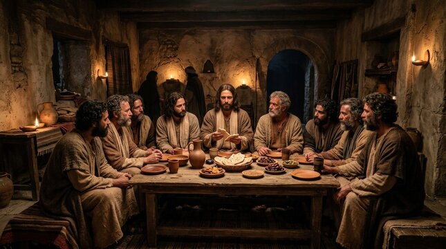 Jesus Christ and his disciples eating supper together, ancient room, warm shadows, simple meal and a reverent Holy Week atmosphere, ultra-realistic, no logos.