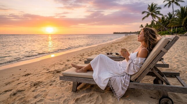 Woman relaxing on beach chair at sunset, soft ocean breeze and golden light, peaceful vacation mood, cinematic wide shot, shot on Nikon Z7 II,no logos