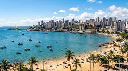 Fototapeta premium All Saints Bay in Salvador, Bahia, with tropical shoreline, calm coastal water and downtown cityscape in the distance, bright Brazilian sunlight and scenic urban-beach contrast, ultra-realistic, no