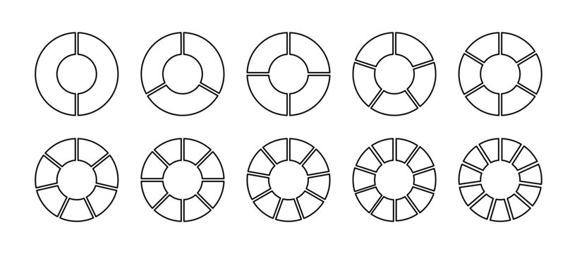 Wheel round divided two, three four five six seven eight nine ten eleven segments. Circle division on 2, 3, 4, 5, 6, 7, 8, 9, 10, 11 equal parts. Coaching blank. Infographic diagrams.