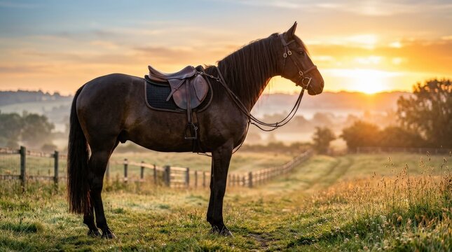 A dark horse wearing equestrian gear and standing in a sunny field at sunrise, elegant profile highlighted by warm backlight, flowing mane, polished leather details, and quiet rural beauty conveying