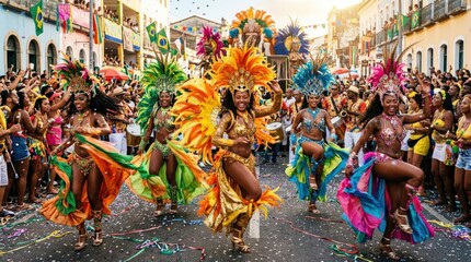 Fototapeta premium A group of dancers at a Brazilian carnival celebration, flowing costumes, dynamic motion, glowing sunlight, rich tropical colors, music-filled and electrifying atmosphere, ultra-realistic, no logos.