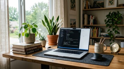 Fototapeta premium A modern desk setup with an open laptop, stacked books and potted plants, tidy clean workspace, natural wood textures, soft window light, calm productive atmosphere, ultra-realistic, no logos.