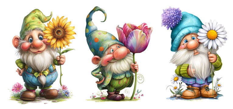 Cute garden gnomes with flowers, illustration set isolated, ai generated image