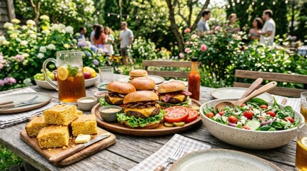 Fototapeta premium Outdoor dining spread with burgers, cornbread, and fresh salad arranged on a wooden table, lettuce and tomatoes vividly detailed, casual spring-summer gathering vibe, bright natural light,