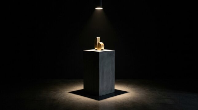 Minimalist pedestal illuminated in dark environment with spotlight, sleek modern design and strong contrast, gallery-style composition, ultra-clean textures and shadows, shot on Canon EOS R5,no logos